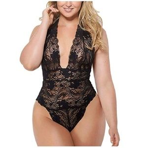 Plus Size Lace Teddy Halter Plunging Lingerie